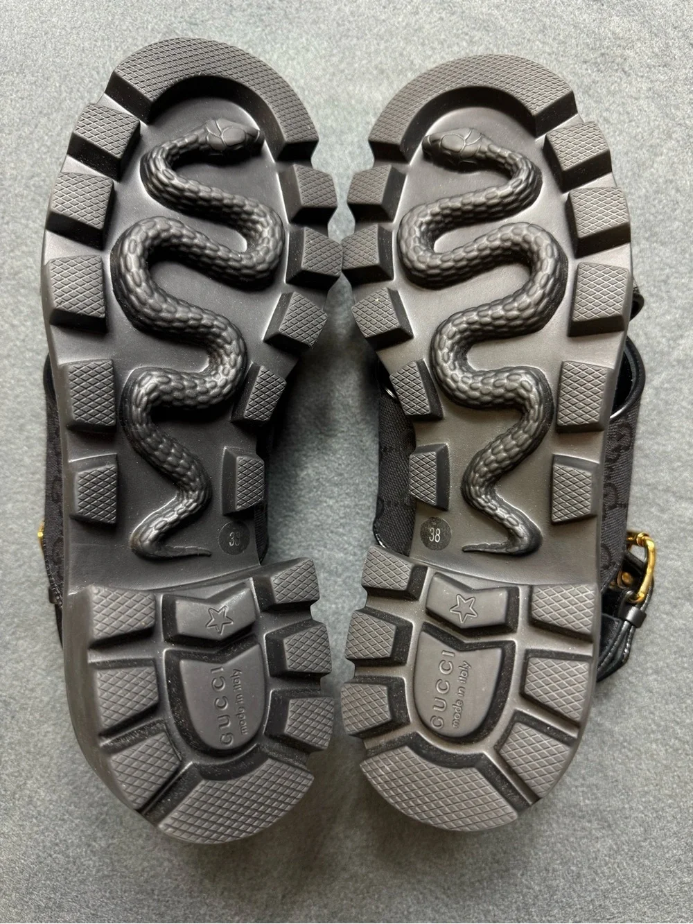 Gucci Black Platform Chunky Sandals with Gold Buckle
